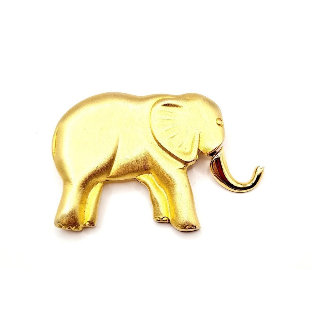 Vintage Elephant Brooch Golden Articulated Trunk Figural Pin Matte Finish